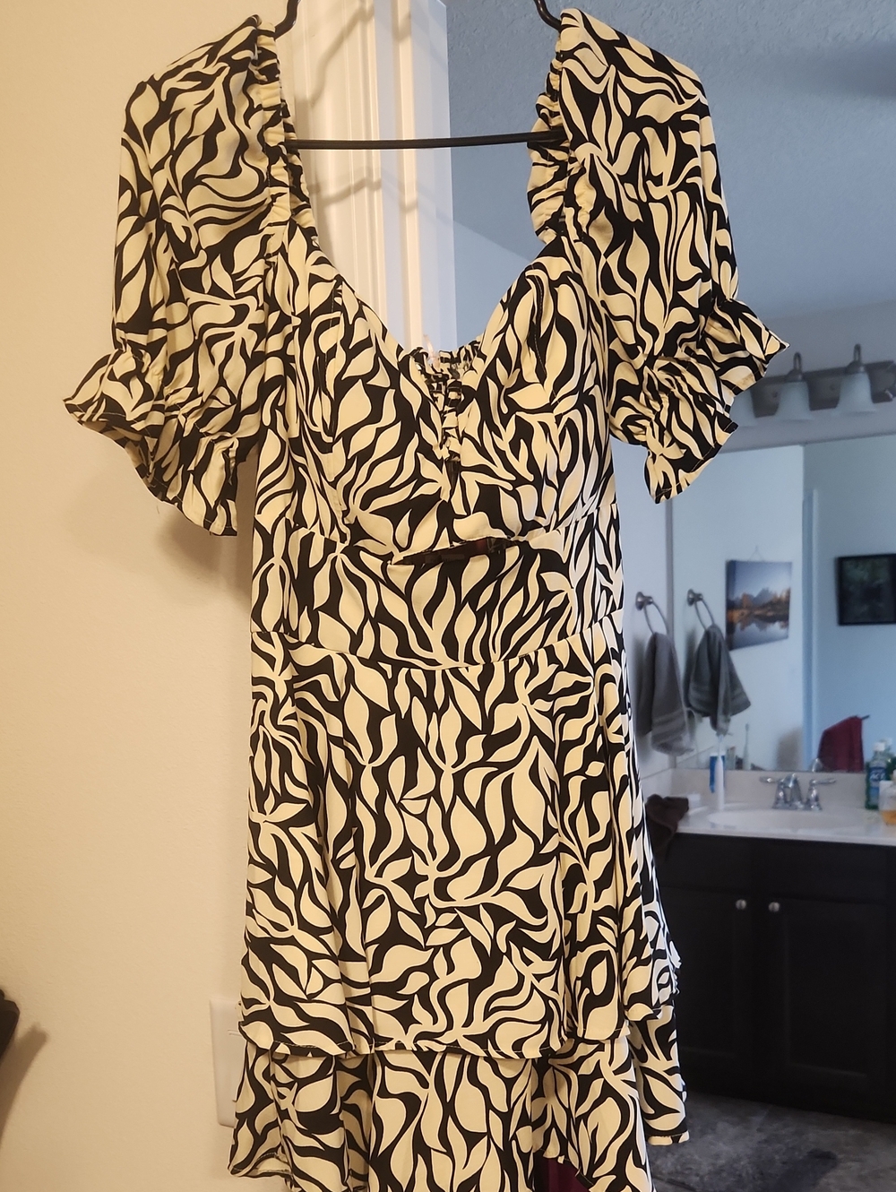 Black & White Printed Mini Dress with Ruffle Sleeves